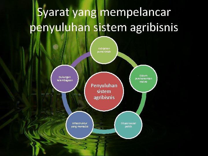 Syarat yang mempelancar penyuluhan sistem agribisnis Kebijakan pemerintah Dukungan kelembagaan Penyuluhan sistem agribisnis Infrastruktur
