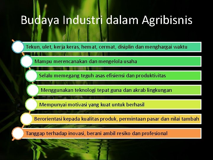 Budaya Industri dalam Agribisnis Tekun, ulet, kerja keras, hemat, cermat, disiplin dan menghargai waktu