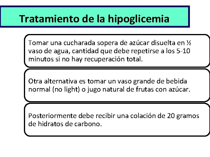 Tratamiento de la hipoglicemia Tomar una cucharada sopera de azúcar disuelta en ½ vaso