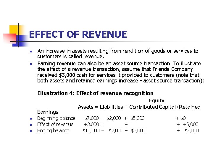 EFFECT OF REVENUE n n An increase in assets resulting from rendition of goods