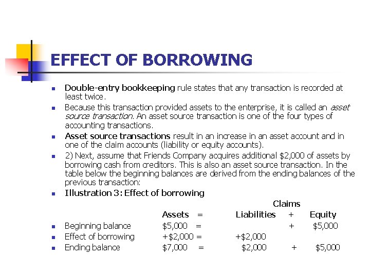 EFFECT OF BORROWING n n n n Double-entry bookkeeping rule states that any transaction