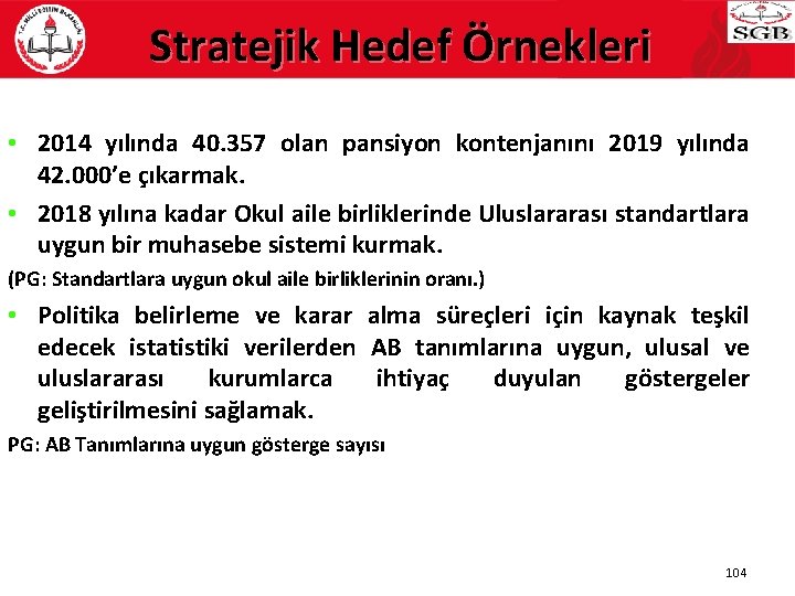 Stratejik Hedef Örnekleri • 2014 yılında 40. 357 olan pansiyon kontenjanını 2019 yılında 42.