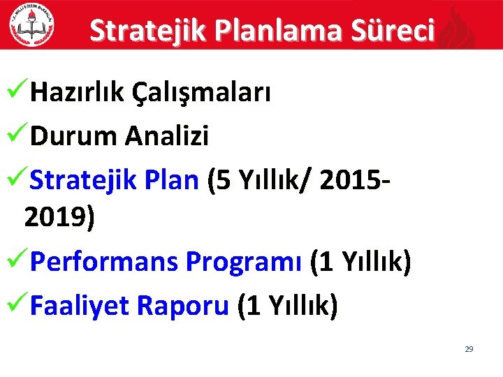 Stratejik Planlama Süreci üHazırlık Çalışmaları üDurum Analizi üStratejik Plan (5 Yıllık/ 20152019) üPerformans Programı