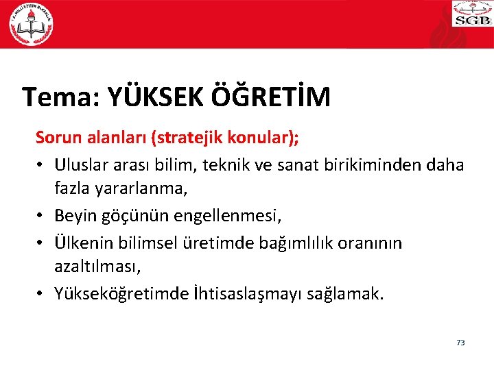 MEB SP 2010 -14 Tema: YÜKSEK ÖĞRETİM Sorun alanları (stratejik konular); • Uluslar arası