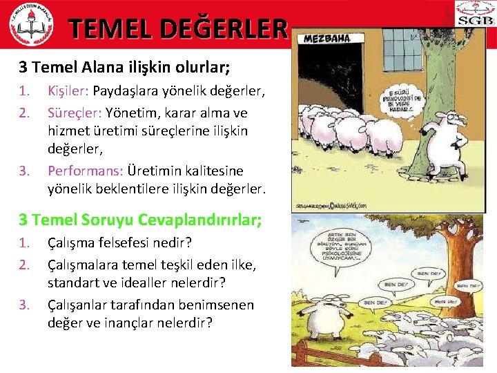 TEMEL DEĞERLER 3 Temel Alana ilişkin olurlar; 1. 2. 3. Kişiler: Paydaşlara yönelik değerler,