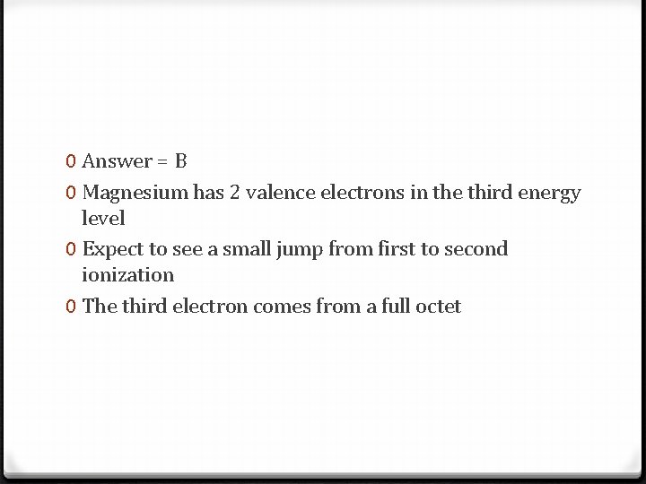 0 Answer = B 0 Magnesium has 2 valence electrons in the third energy