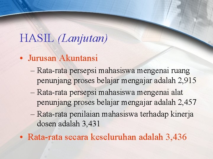 HASIL (Lanjutan) • Jurusan Akuntansi – Rata-rata persepsi mahasiswa mengenai ruang penunjang proses belajar