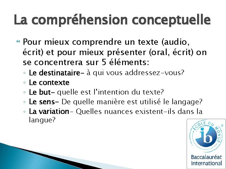 La compréhension conceptuelle Pour mieux comprendre un texte (audio, écrit) et pour mieux présenter