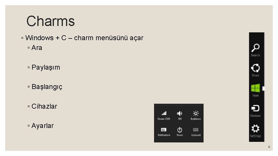Charms ◦ Windows + C – charm menüsünü açar ◦ Ara ◦ Paylaşım ◦