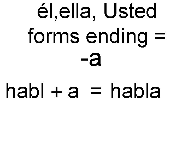 él, ella, Usted forms ending = -a habl + a = habla él, ella, Usted forms ending = -a habl + a = habla