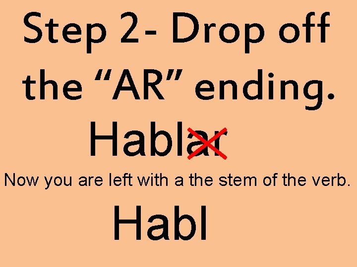 Step 2 - Drop off the “AR” ending. Hablar Now you are left with Step 2 - Drop off the “AR” ending. Hablar Now you are left with