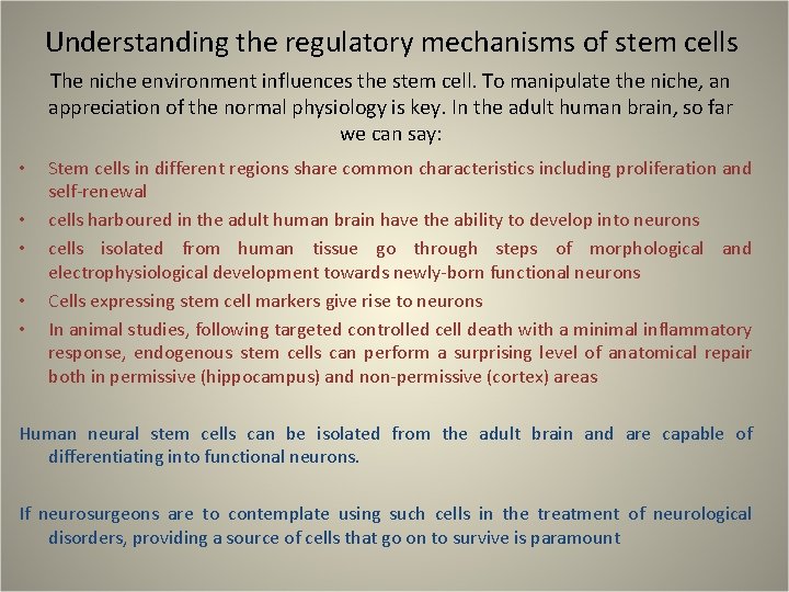 Understanding the regulatory mechanisms of stem cells The niche environment influences the stem cell.