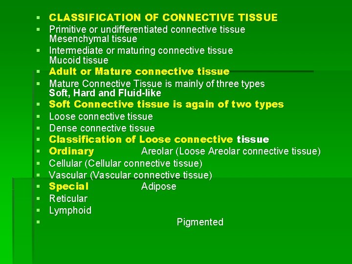 § CLASSIFICATION OF CONNECTIVE TISSUE § Primitive or undifferentiated connective tissue Mesenchymal tissue §