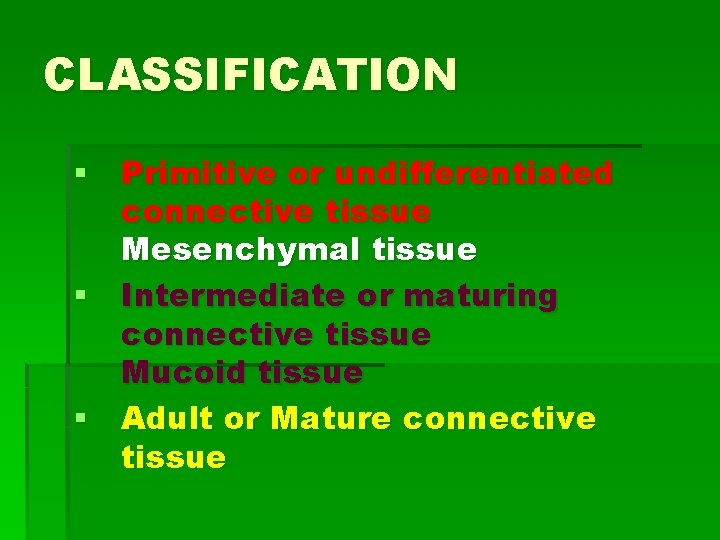 CLASSIFICATION § Primitive or undifferentiated connective tissue Mesenchymal tissue § Intermediate or maturing connective