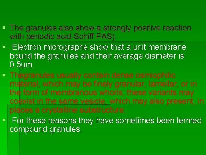 § The granules also show a strongly positive reaction with periodic acid-Schiff PAS). § § The granules also show a strongly positive reaction with periodic acid-Schiff PAS). §