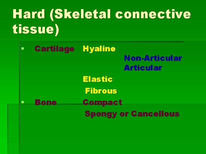 Hard (Skeletal connective tissue) § § Cartilage Hyaline Bone Non-Articular Elastic Fibrous Compact Spongy