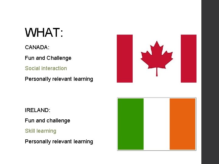 WHAT: CANADA: Fun and Challenge Social interaction Personally relevant learning IRELAND: Fun and challenge