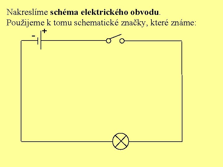 Nakreslíme schéma elektrického obvodu. Použijeme k tomu schematické značky, které známe: 