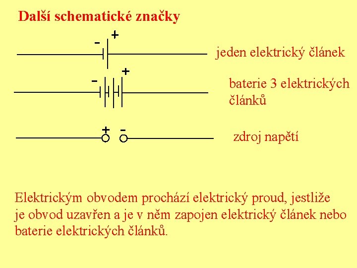 Další schematické značky jeden elektrický článek baterie 3 elektrických článků zdroj napětí Elektrickým obvodem