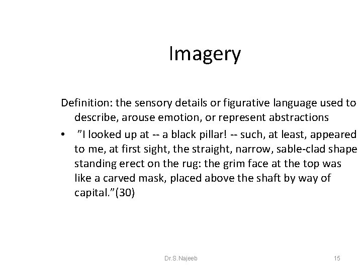 Imagery Definition: the sensory details or figurative language used to describe, arouse emotion, or