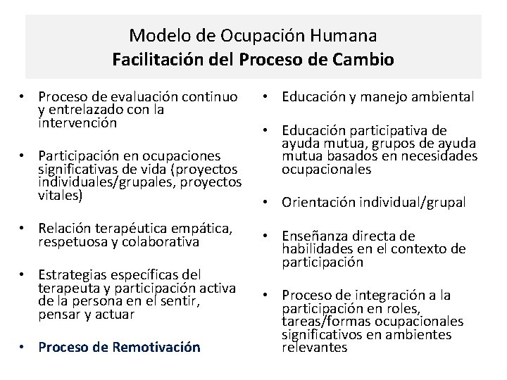 Modelo de Ocupación Humana Facilitación del Proceso de Cambio • Proceso de evaluación continuo