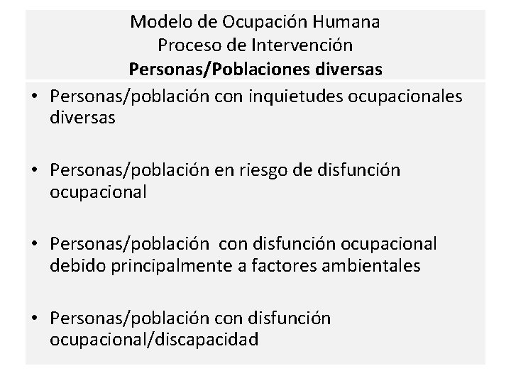 Modelo de Ocupación Humana Proceso de Intervención Personas/Poblaciones diversas • Personas/población con inquietudes ocupacionales