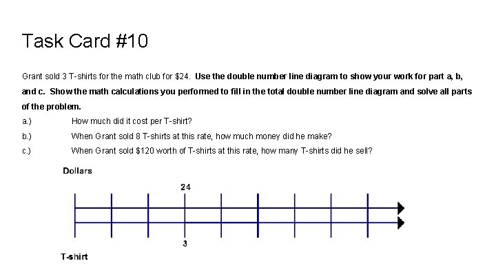 Task Card #10 Grant sold 3 T-shirts for the math club for $24. Use