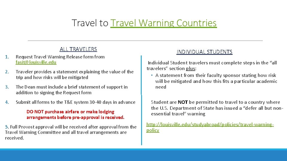 Travel to Travel Warning Countries ALL TRAVELERS 1. Request Travel Warning Release form from