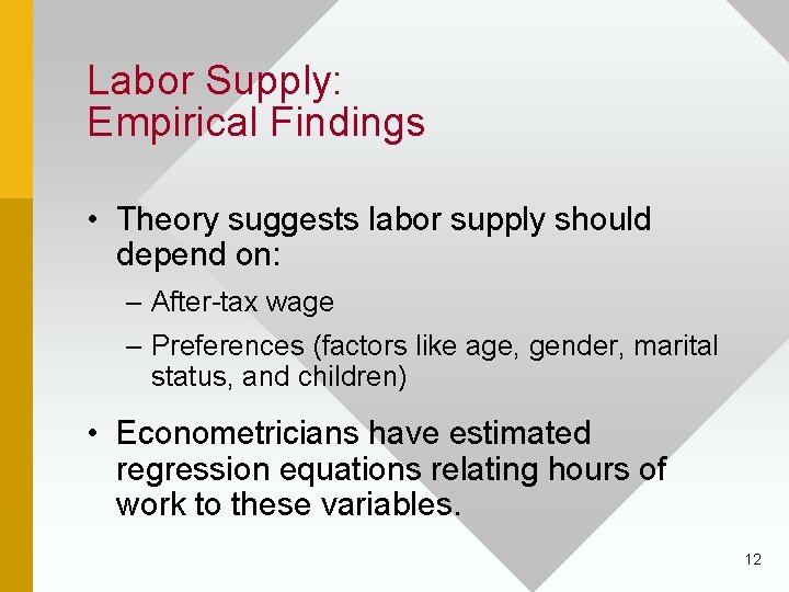 Labor Supply: Empirical Findings • Theory suggests labor supply should depend on: – After-tax