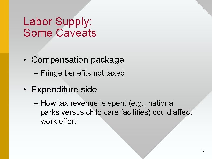 Labor Supply: Some Caveats • Compensation package – Fringe benefits not taxed • Expenditure