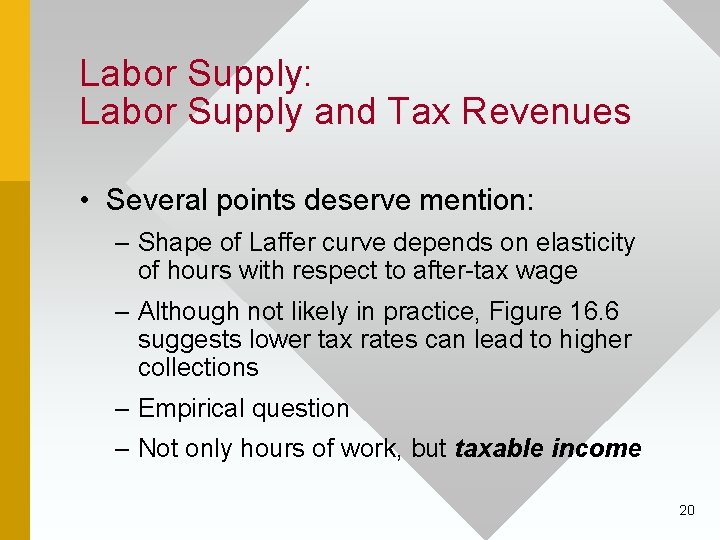 Labor Supply: Labor Supply and Tax Revenues • Several points deserve mention: – Shape