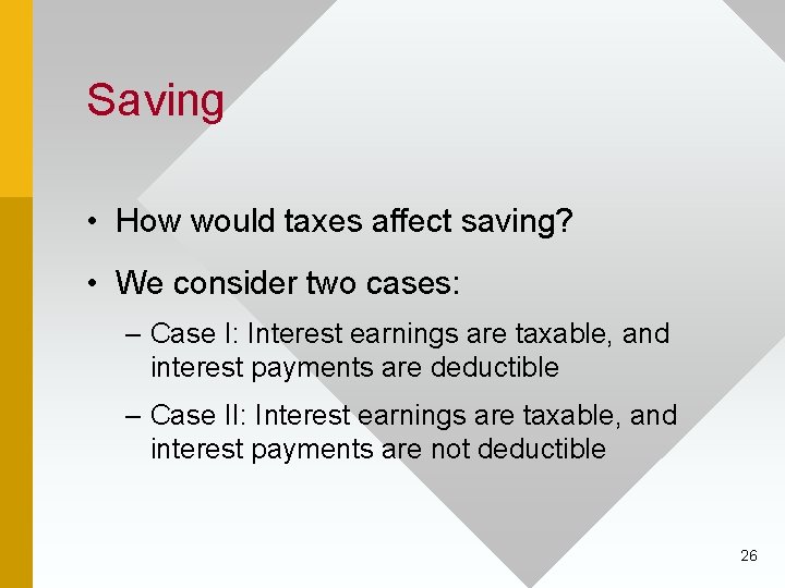 Saving • How would taxes affect saving? • We consider two cases: – Case