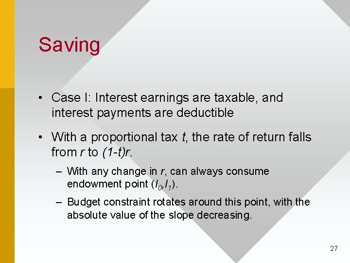 Saving • Case I: Interest earnings are taxable, and interest payments are deductible •