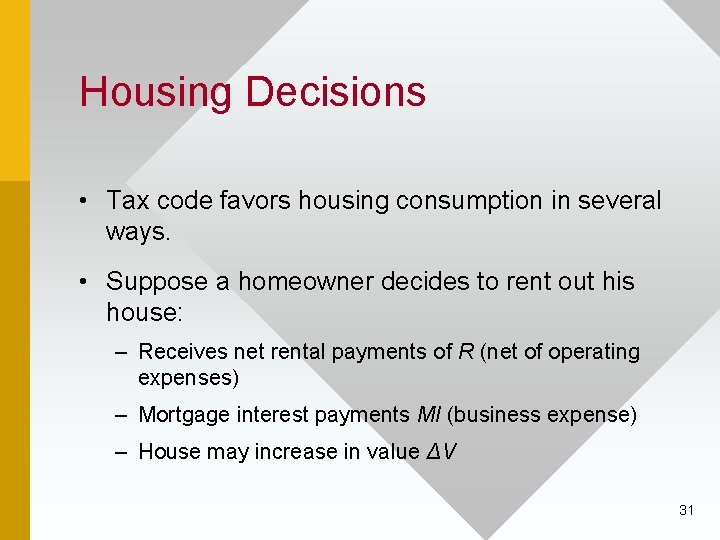 Housing Decisions • Tax code favors housing consumption in several ways. • Suppose a