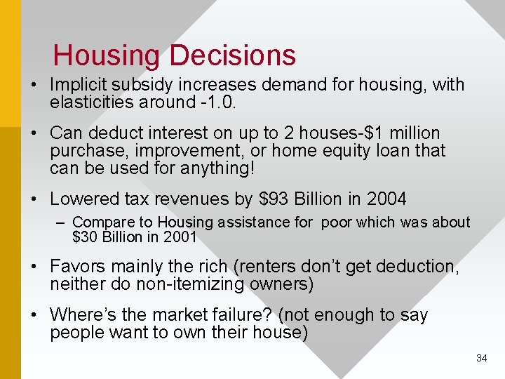 Housing Decisions • Implicit subsidy increases demand for housing, with elasticities around -1. 0.