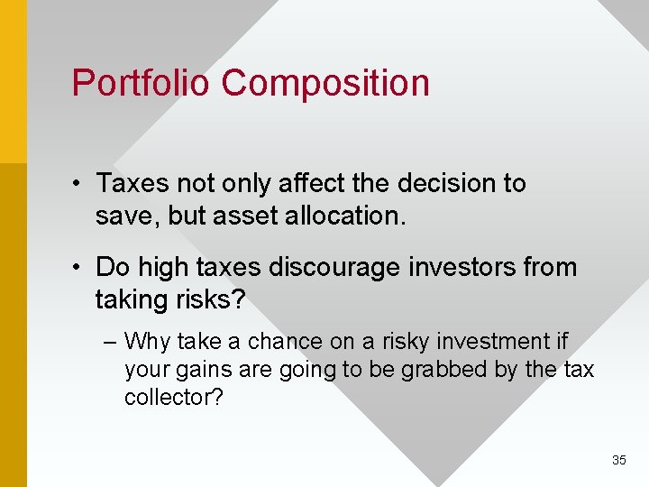 Portfolio Composition • Taxes not only affect the decision to save, but asset allocation.