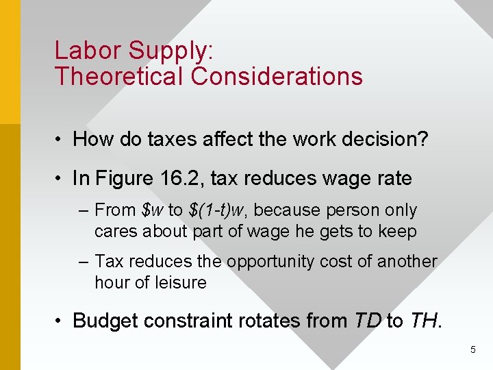 Labor Supply: Theoretical Considerations • How do taxes affect the work decision? • In