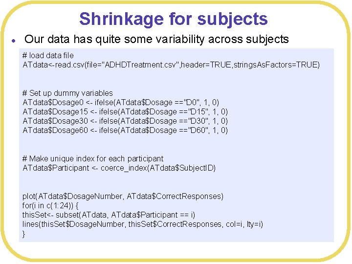 Shrinkage for subjects l Our data has quite some variability across subjects # load