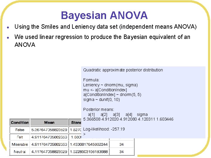 Bayesian ANOVA l l Using the Smiles and Leniency data set (independent means ANOVA)