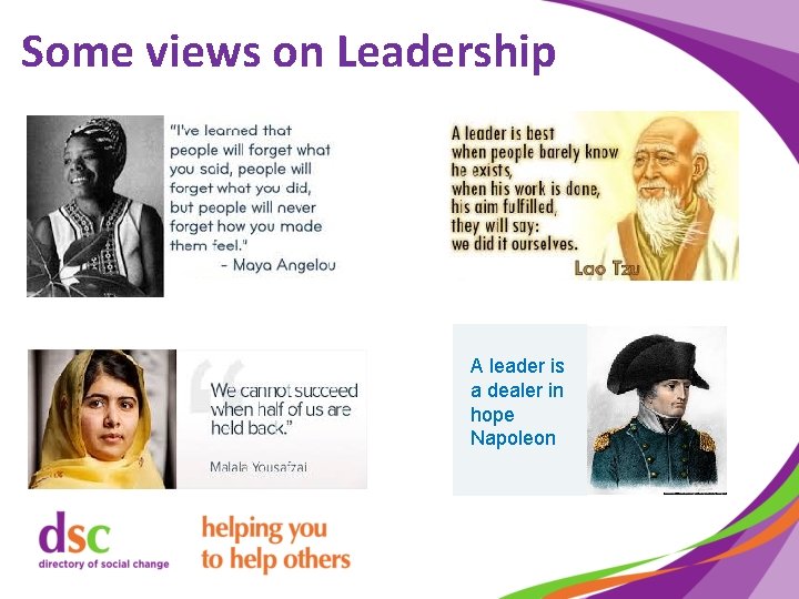 Some views on Leadership A leader is a dealer in hope Napoleon 