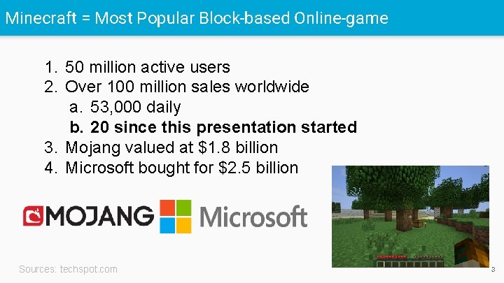 Minecraft = Most Popular Block-based Online-game 1. 50 million active users 2. Over 100