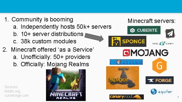 1. Community is booming a. Independently hosts 50 k+ servers b. 10+ server distributions