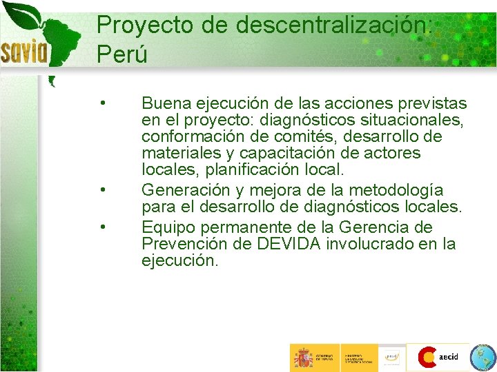 Proyecto de descentralización: Perú • • • Buena ejecución de las acciones previstas en