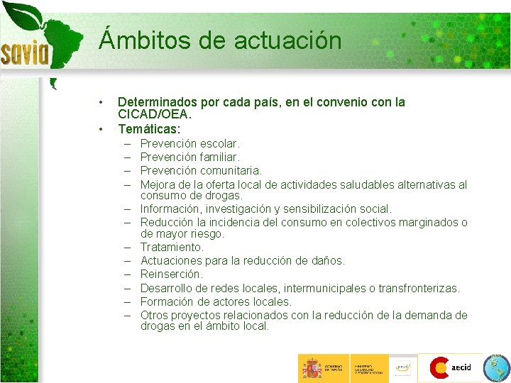 Ámbitos de actuación • • Determinados por cada país, en el convenio con la