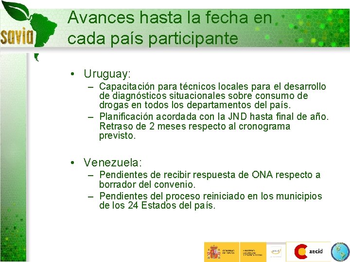 Avances hasta la fecha en cada país participante • Uruguay: – Capacitación para técnicos