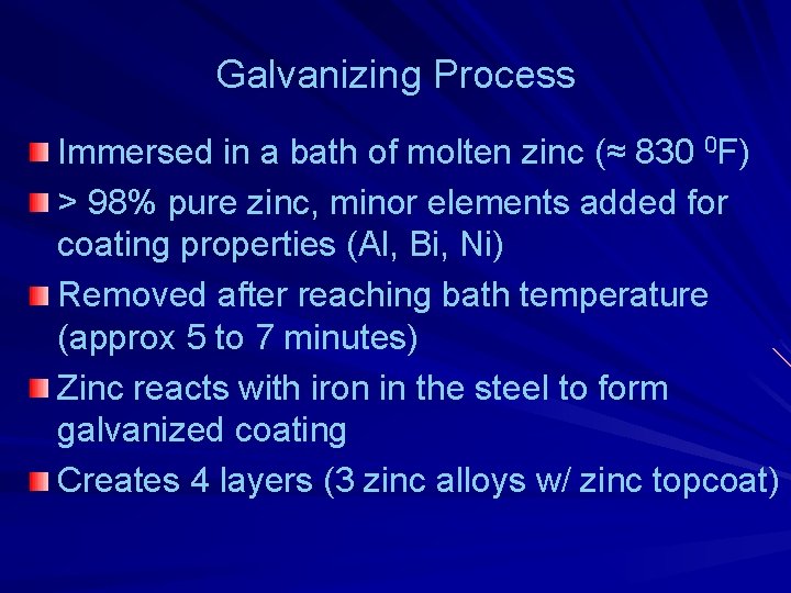 Galvanizing Process Immersed in a bath of molten zinc (≈ 830 0 F) >