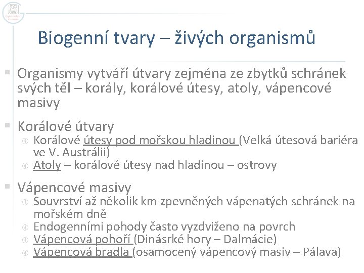 Biogenní tvary – živých organismů § Organismy vytváří útvary zejména ze zbytků schránek svých