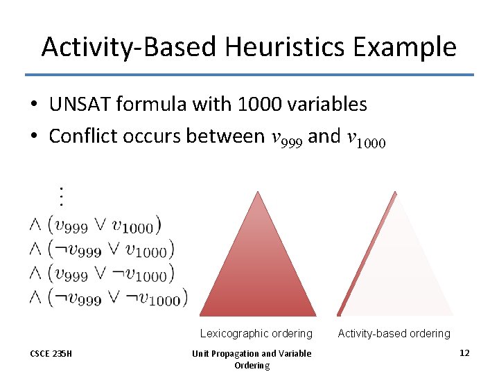 Activity-Based Heuristics Example • UNSAT formula with 1000 variables • Conflict occurs between v