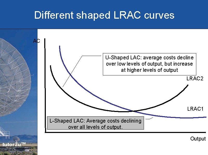 Different shaped LRAC curves AC U-Shaped LAC: average costs decline over low levels of