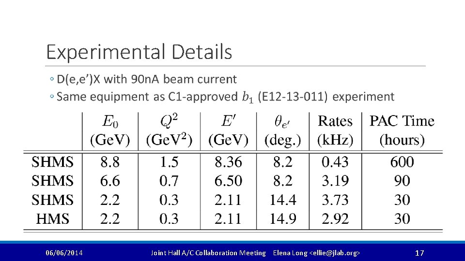 Experimental Details 06/06/2014 Joint Hall A/C Collaboration Meeting Elena Long <ellie@jlab. org> 17 